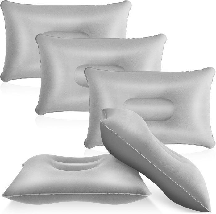 5 Pieces Inflatable Travel Pillow Portable Compact Air Pillow Flocked Fabric Backpacking for Camping Hiking Home Office Sleeping Neck Head Lumbar Support(13.39 x 8.66 Inches,Gray) - Image 1
