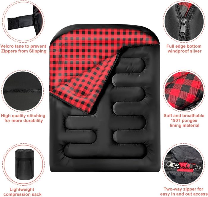 Double Sleeping Bags for Adults, Queen Size 2 Person All Season for Warm & Cold Weather | Fits Kids 10-12 (Girls & Boys) - Lightweight & Waterproof Camping Essentials for Hiking, - Image 2