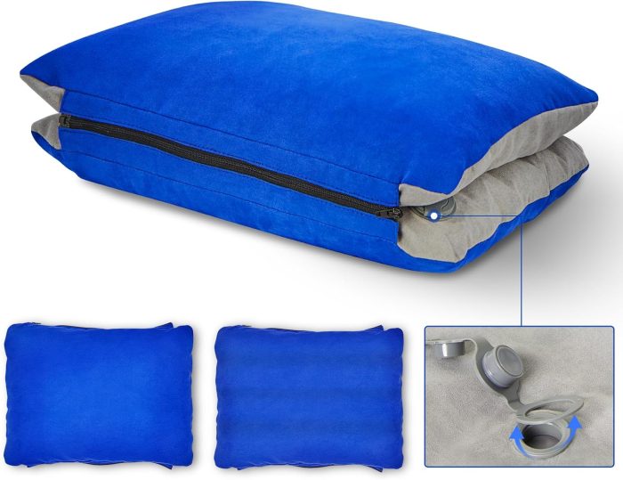 Inflatable Camping Pillow with Memory Foam and Washable Cover Camping Gear and Travel Pillow for Airplanes, Camping (Blue M) - Image 1