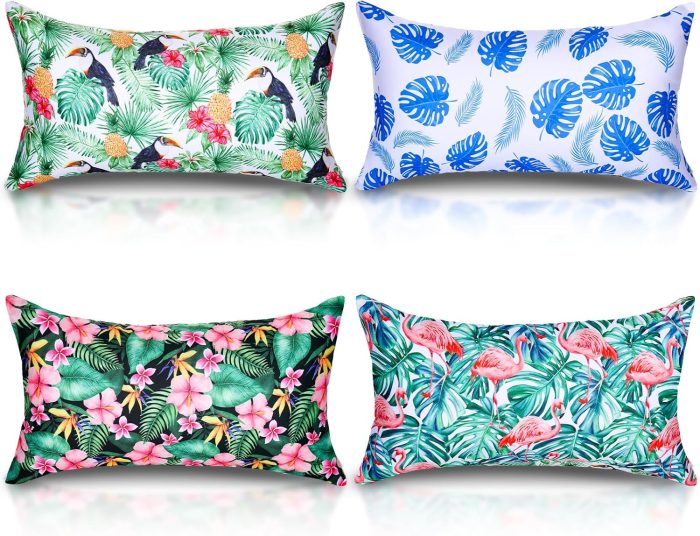 4 Pcs Inflatable Beach Pillow Portable Travel Camping Pillows Blow up Pillow with Tropical Leaves Pillow Covers for Hawaii Summer Pool Travel Vacations - Image 1